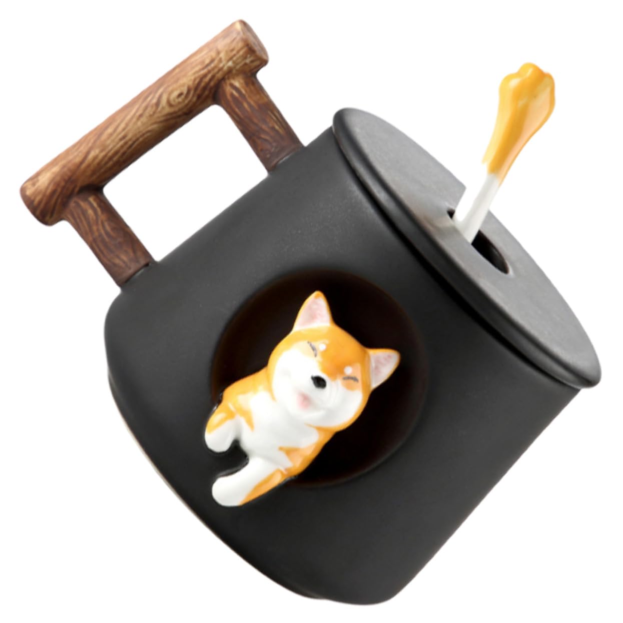 Keramik Dog Mug mit Deckel und Löffel Kreative Lustige Tasse Schwarze Shiba Inu Tasse für Kaffee Tee Saft Sicher und Leicht zu Reinigen für Zuhause und Büro