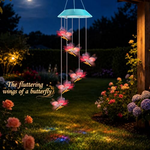 Image of Toodour Solar Wind Chime, Color Changing LED Swaying Butterfly Wind Chimes, Upgrade Butterfly with Fluttering Wings, Waterproof Solar Outdoor Light Decor for Garden Window Patio, Gift for Mom Grandma