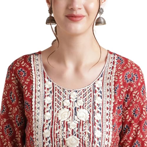 Image of NAINVISH Cotton Blend Kurti Pant & Dupatta | Kurta Set for Women | Women Kurta Pant Dupatta Set | Kurta Pant with Dupatta Set | Embroidered Kurta Pant Dupatta Set