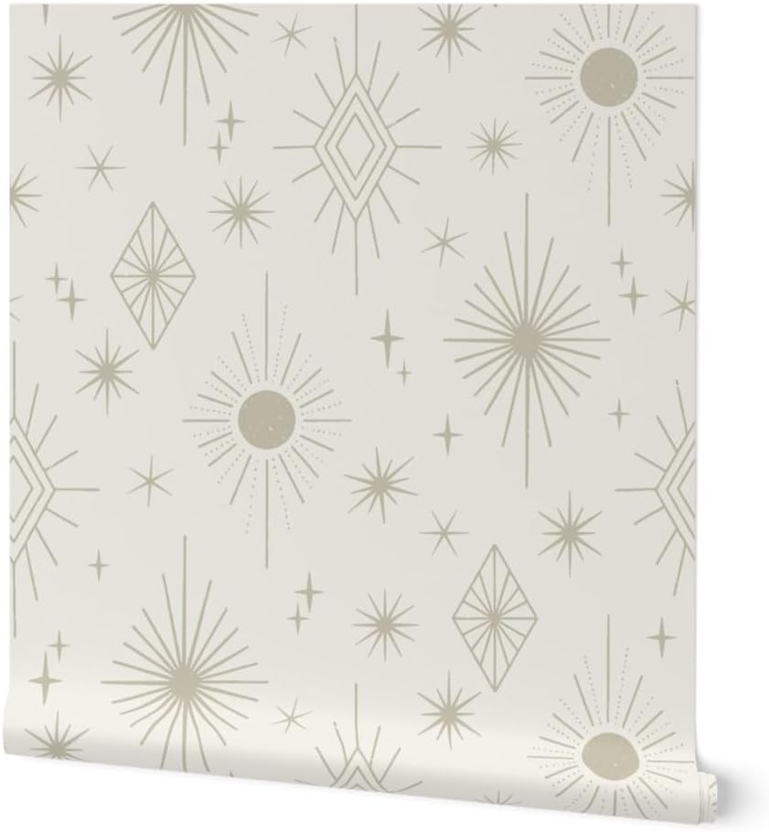 Peel & Stick Wallpaper 12ft x 2ft – Beige Star Space Retro Neutral 60’S Whimsical Whimsy Magic Celestial Magical Boho Custom Removable Wallpaper by Spoonflower