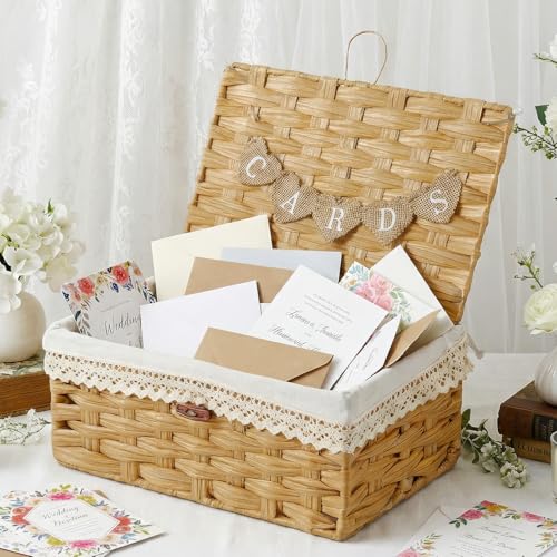 AerWo Rattan Wedding Card Box Card Basket with Letter Flag for Wedding Decorations Woven Wedding Basket Wedding Card Boxes for Reception Wicker Card Box for Wedding Party Graduation Birthday Decor