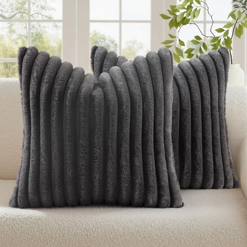 Image of decorUhome Fall Cozy Faux Fur Throw Pillow Covers 16x16 Set of 2 Decorative Soft Plush Striped Modern Farmhouse Boho Couch Pillow Cases with Velvet Back for Sofa Bed Living Room, Dark Grey