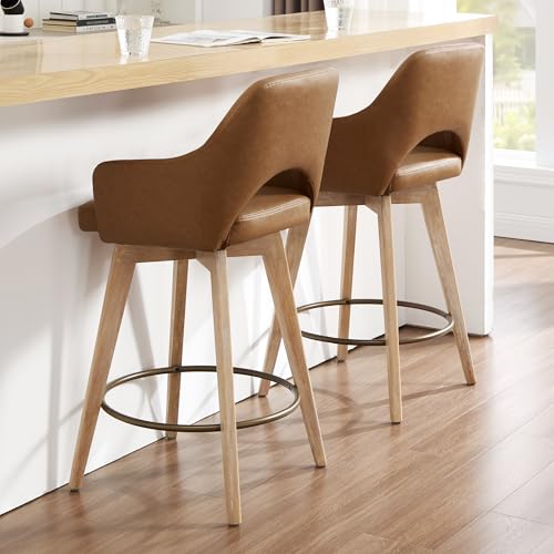 Image of Zesthouse Swivel Bar Stools Set of 4, Wooden Counter Height Barstools with Arms & Open Back, Upholstered Brown PU Leather Counter Stools with Distressed Solid Wood Legs, High Chair for Kitchen Island