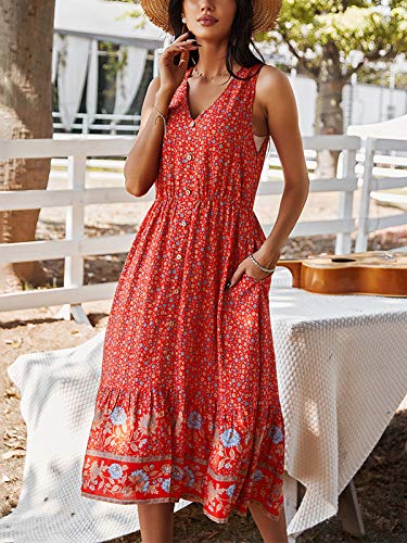 Image of TEMOFON Women Dress Summer Sleeveless Bohemian: Floral V Neck Button Down Flowy Boho Dresses S-XL
