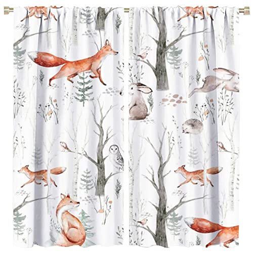 Cartoon Cute Fox Rod Pocket Blackout Curtains for Living Room,Thermal Insulated Watercolor Forest Woodland Lodge Cabin Wildlife Fox Pattern Bedroom Curtains,2 Panels 84L x 42W
