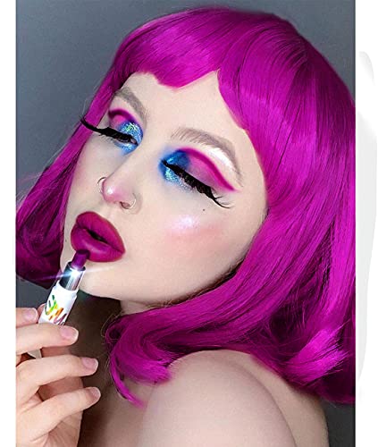 Image of LIULIUBTY Short Bob Hair Wigs Straight with Flat Bangs Synthetic Colorful Cosplay Daily Party Neon Wig for Women + Free Wig Cap 17 inch Natural As Real