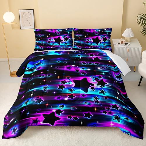 Image of QOOMO Meteor Kids Bedding Set,Colorful Stars Comforter Set Queen Size for Boys Girls Teen Room Decorat,Soft Lightweight Bed Set All Season,1 Comforter 2 Pillowcases