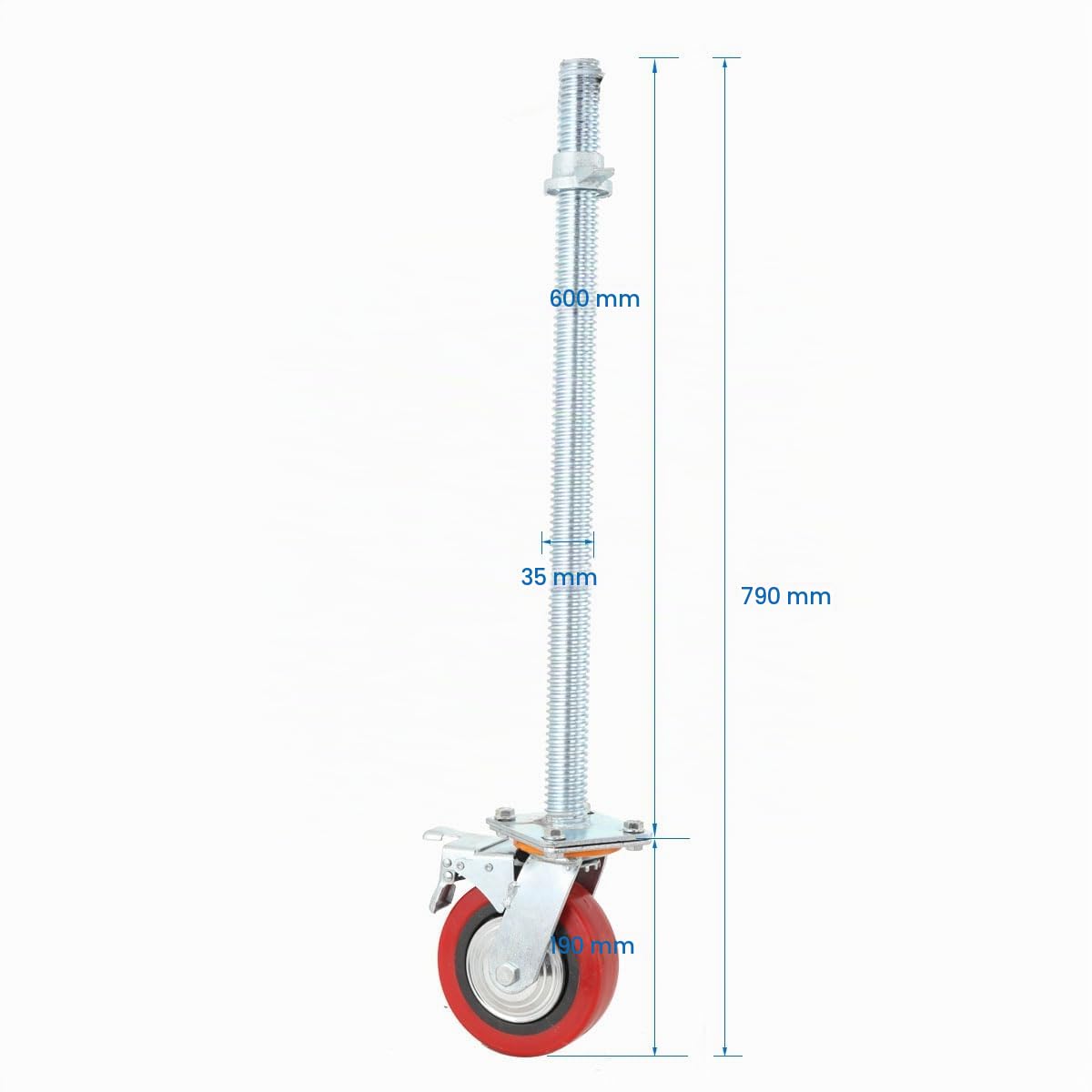 Lot de 4 roulettes pour échafaudage 190 mm avec tige filetée en acier, roulettes pivotantes à frein, position verticale, capacité de charge 750 kg, réglable en hauteur, compatible avec