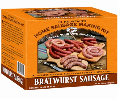 Hi Mountain Seasonings ǀ BRATWURST Sausage Making Kit ǀ Includes Sausage Seasoning, Cure, Natural Hog Casings, and Simple-to-Follow Directions ǀ Creates 24 lbs of Delicious Bratwurst Sausage