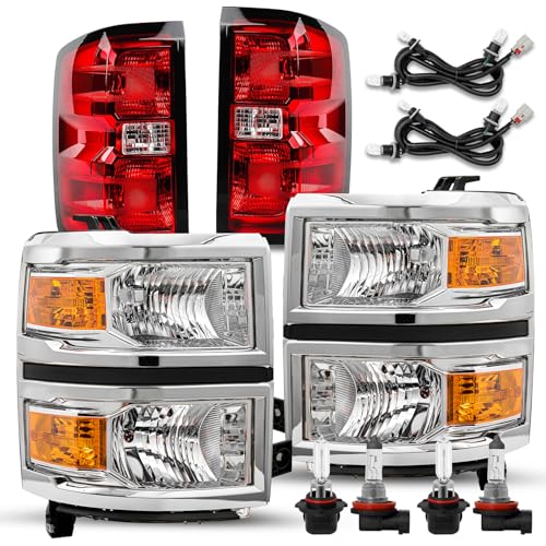 Image of TUSDAR Upgraded Lens Headlight and Tail Light Assembly Fit for 2014 2015 Chevy Silverado 1500 Pickup Truck OE Style Halogen Lamps Replacement Chrome Housing Amber /Driver & Passenger Side w /Bulbs