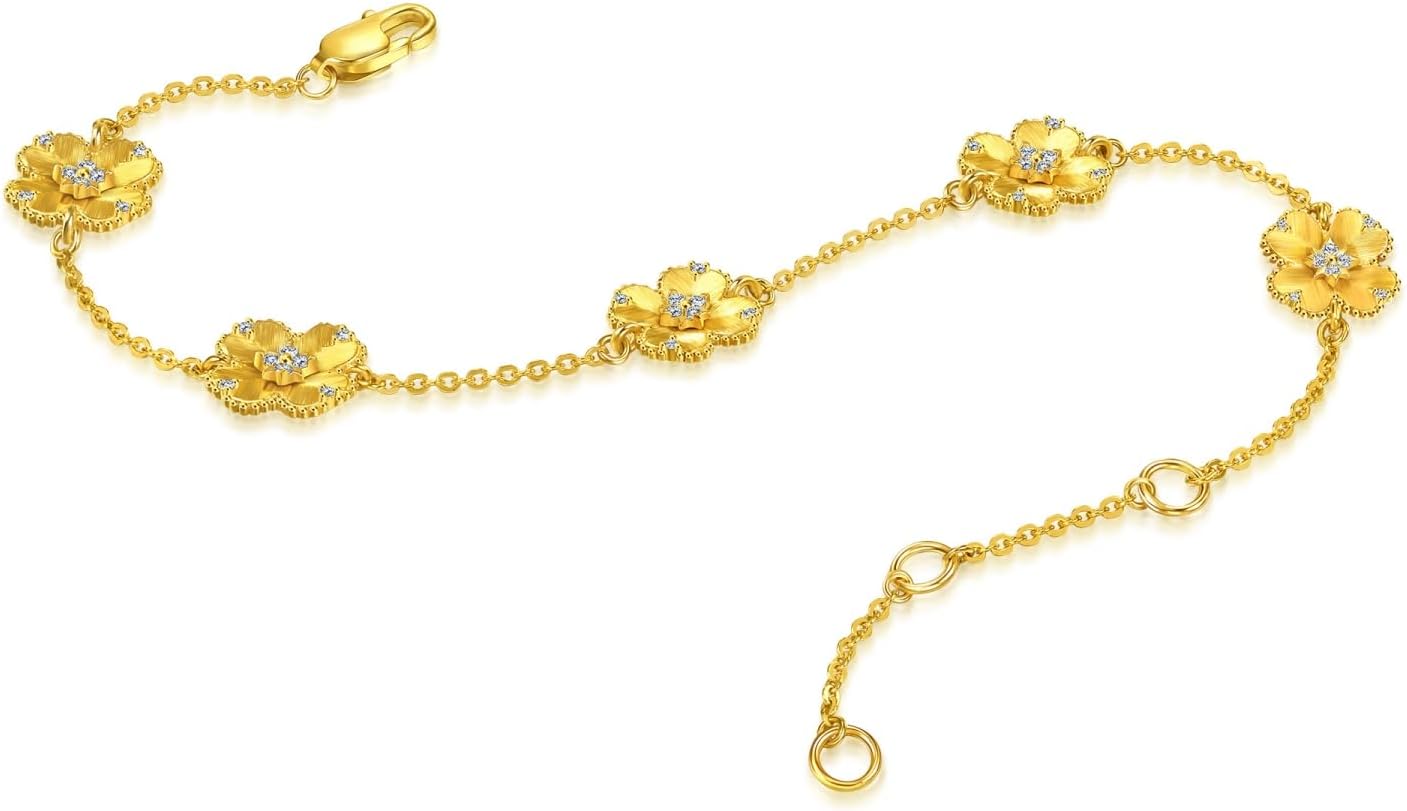 CHOW SANG SANG Gold Rhyme 999 24K Gold Four-Leaf Clover Diamond Bracelet for Women 18cm 95801B