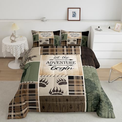 Rustic Farmhouse Kids Comforter Set Full Size,Deer Bear Paws Pine Trees Bedding Set,Boys Girls Adults Room Decor,Geometric Plaids Arrows Down Comforter,Camo Brown Retro Duvet Insert,2 Pillowcases