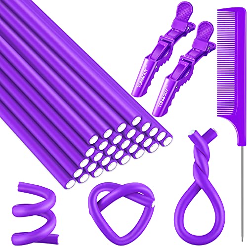 30 Pieces Flexible Curling Rod Hair Curler Soft Foam No Heat Hair Rods Rollers Twist-Flex Styling Hair Roller with Steel Pintail Comb and 2 Pieces Alligator Hair Clip (Purple,0.5 x 9.4 Inch)