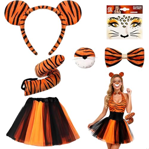 RAOPNHS Tiger Kostüm Damen 6 Teiliges Set Mit Tutu Rock Ohren Stirnband Fliege Schwanz Und Gesicht Aufkleber Karneval Kostüm Damen Für Fasching Halloween Motto Party Und Cosplay