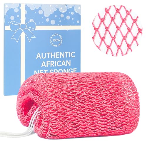 MuiiuM African Net Sponge Authentic with Knots Colourfast Exfoliating Bath Sponge Strong Mesh Body and Back Scrubber Quick Dry Shower Net 30+ Colours for Women Men(Pink)