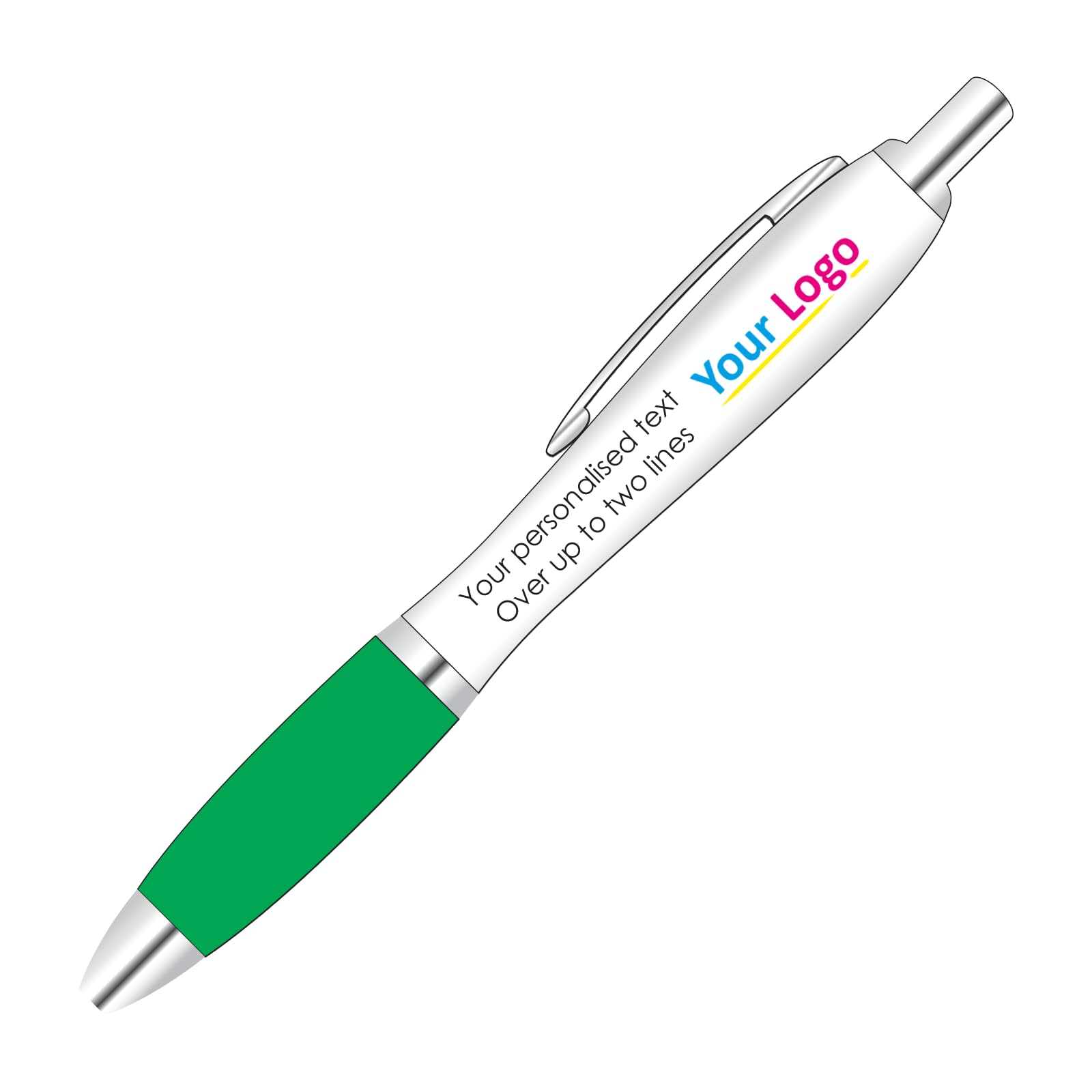 Full Colour Printed Logo Pens x 20 With Personalised Text Options for Custom Promotion With Green Colour Grip.