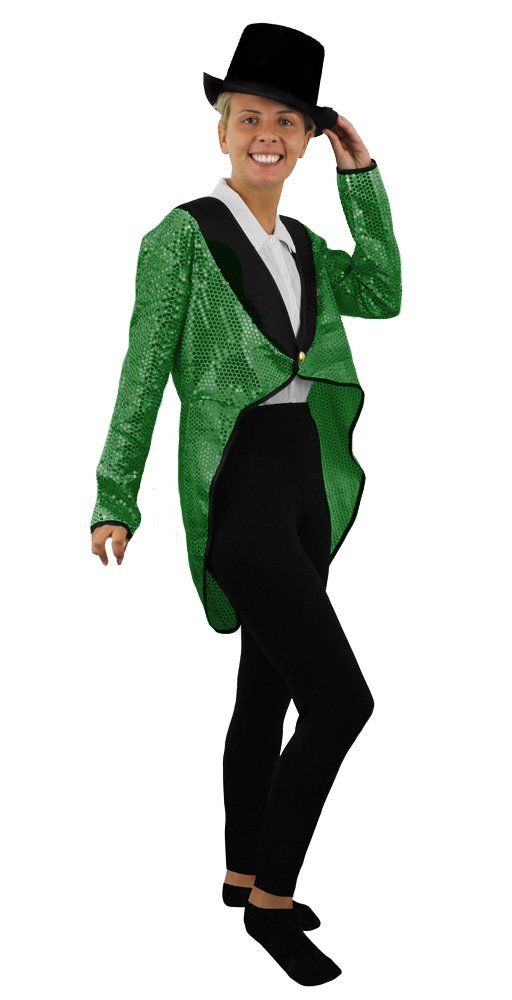 LADIES GREEN SEQUIN TAILCOAT + BLACK TOP HAT FANCY DRESS ACCESSORY SET DANCE SHOWS MUSICALS OUTFIT CABARET UNISEX TAIL COAT (UK 8-10) — image 1