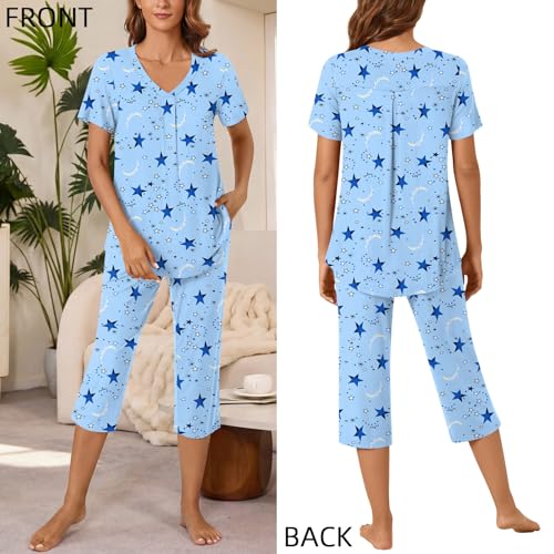 Image of Bestbee Women's Pajama Sets 2 Piece Lounge Outfits Summer Sleepwear V Neck Short Sleeve Capri Pant With Pockets Ladies Pjs