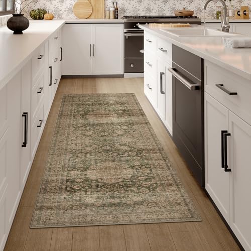 2x5 Washable Green Vintage Runner Rug for Kitchen Hallway Non-Slip Low Pile Soft Thin Carpet Traditional Retro Distressed Accent Throw Rug for Entryway Bathroom Indoor Bedroom
