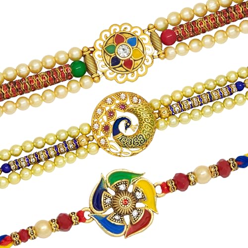 Image of Canton Rakhii With Chocolate Gift Combo, Pack of 3 Designer Rakhi For Brother With Chocolate Gift, Roli & Greeting Card (Design-8, Rakhi With Choco)