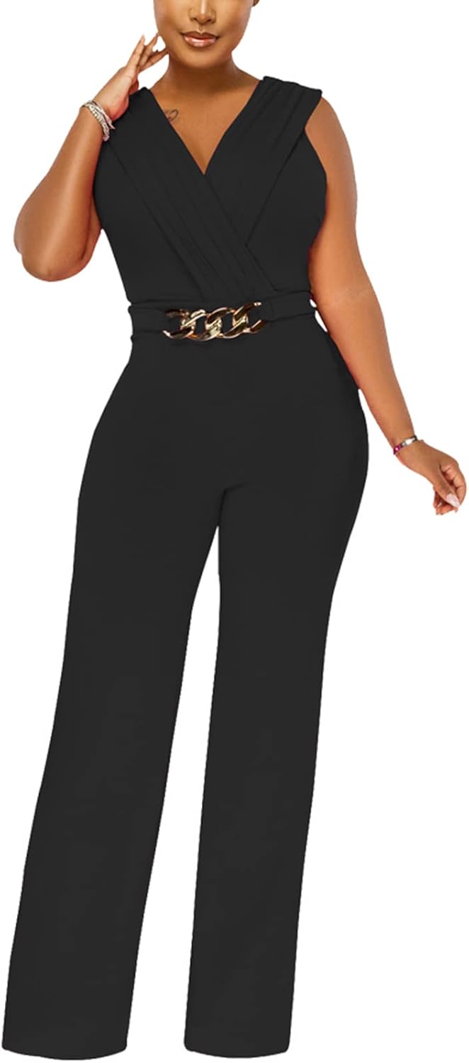 ZonJie Women's Dressy Jumpsuits Summer Sexy Party Rompers Elegant Deep V Neck Backless Clubwear Wide Leg Long Pants - Image 2