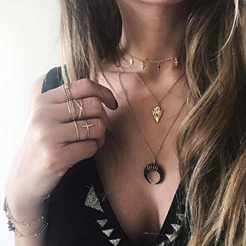 CanB Gold Pendant Neckalce Layered Moon Cross Choker Necklace Charm Fashion Necklace for Women and Grils