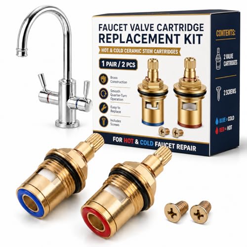 CEYOME 2PCS Tap Cartridge Replacement 1/2 Inch Ceramic Disc Tap Valve Quarter Turn - 20 Spline Solid Brass Mixer Tap Inserts for Kitchen & Bathroom Basin (Hot & Cold Red & Blue)