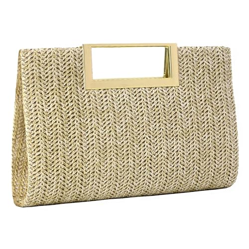 Image of Women's Straw Raffia Clutch Purse, Top Handle Woven Handbag with Crossbody Strap, Summer Beach Shoulder Bag