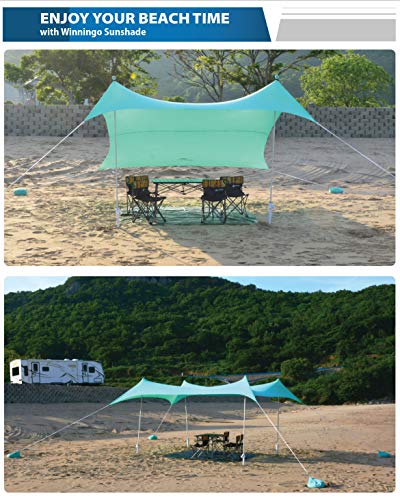 WINNINGO Premium Beach Sunshade, Large Sun Shade Canopy 10\' x 9\', Beach Tent with 4 Aluminum Poles, 4 Pole Anchors, Waterproof Carry Bag & Bonus Tarp Mat, UPF50 UV Protection (Turquoise) - Thumbnail 4