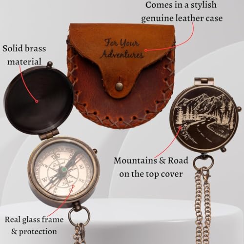 Brújula de Bolsillo de Latón Antiguo con Estuche de Cuero Grabado con Montañas y Caminos Regalo Vintage para Esposo, Padre miniatura 3