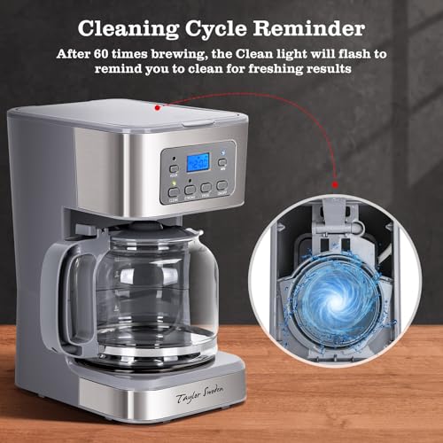 Image of Taylor Swoden 12-Cup Programmable Coffee Maker, Regular & Strong Brew Drip Coffee Machine for Home and Office, Glass Carafe, Pause & Serve, Auto Shut Off, Gray & Stainless Steel