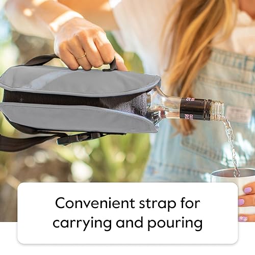 Image of ThermoFlask Wine Bottle Ice Jacket - Wine Bottle Holder with Adjustable Buckle & Strap - Temp-Lock Wine Carrier - Wine Carrier for Travel - Wine Accessory for Brunch, Christmas, Parties & More - Grey