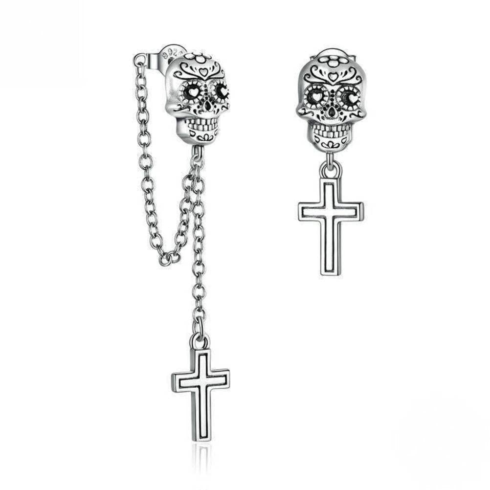 SIWAN Pendientes de Calavera Y Cruz de Plata 925 para Hombres Y Mujeres, Pendientes Asimétricos con Borlas de Halloween, Accesorios para Las Orejas de Verano para Mujeresplata, 925 plata
