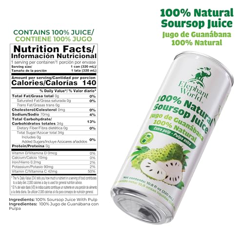 Image of Elephant World 100% Natural Soursop Guanabana Juice 10.8 oz (Pack of 6), Soursop