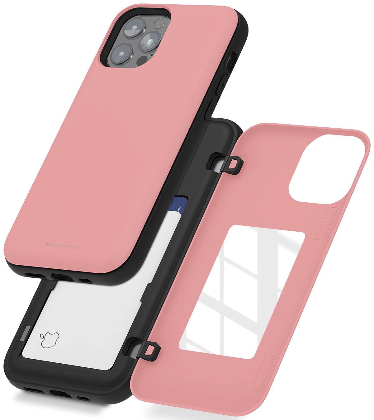 GOOSPERY for iPhone 12/12 Pro (2020) 6.1-Inch Card Holder Wallet Case, Protective Dual Layer Bumper Phone Back Cover with Hidden Mirror - Pink