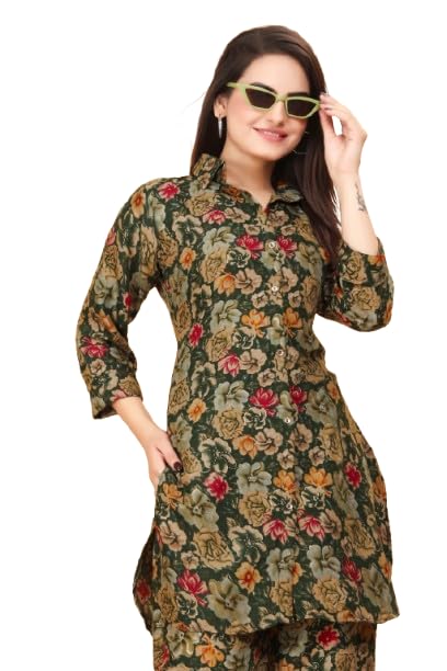 Women's Dark Green Rayon Floral Printed Tunic and Pant Set | Casual Shirt Style Kurti with Trousers | 3/4 Sleeve Co-ord Suit (COTSET GREEN 3XL)-image-28