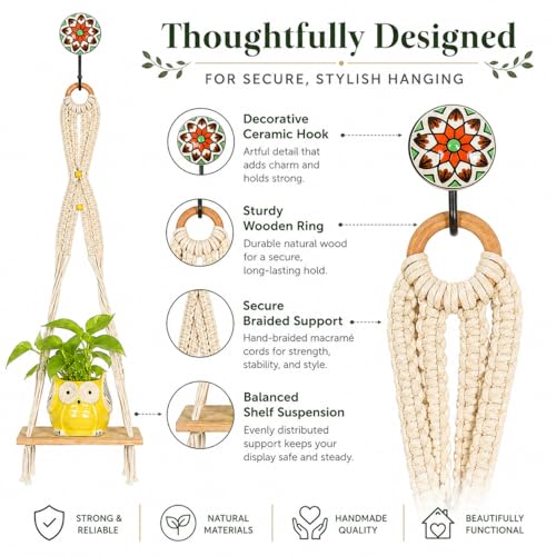 Image of Kaameri Bazaar Macrame Boho Braid Mini Shelve with Owl Shaped Planter and Ceramic Hook - Macrame wall Hanging l owl Planter Pot