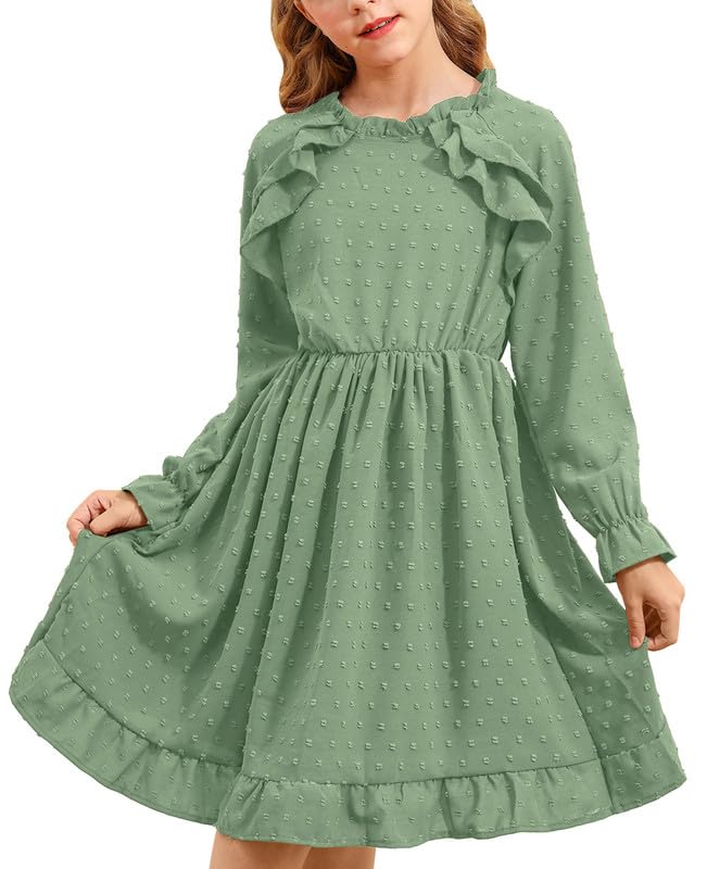 Photo 1 of BesserBay Fall Girls Ruffle Trim Long Sleeve Swiss Dot Ruffle Collar Midi Dress 4-14 Years 12 Years Green | Long Sleeve