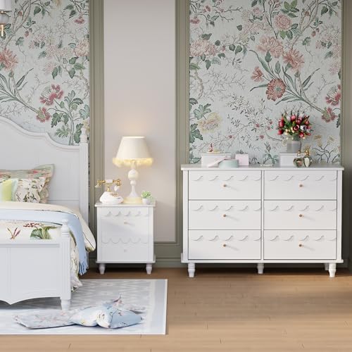 Image of Anbuy Nursery Chests and Dresser for Kids Bedroom Wood Scalloped 6 Drawer Dresser, Dressers & Chests of Drawers with Metal Handles for Bedroom, Nursery, Hallway(White)