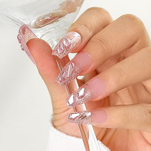 Sethexy Long Coffin Handmade Pink False Nails Rhinestone Glitter Fake Nails with Design Glossy Acrylic Salon Press On Nails for Women and Girls (D)