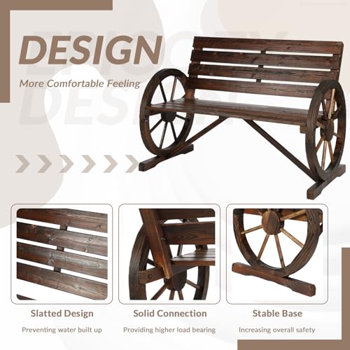 Image of Wooden Wagon Wheel Bench, 2-Person Solid Wood Garden Bench, Rustic Wooden Seat Wagon Wheel Bench Patio Loveseat W /Slatted Backrest, Outdoor Garden Bench for Lawn Yard Porch Park