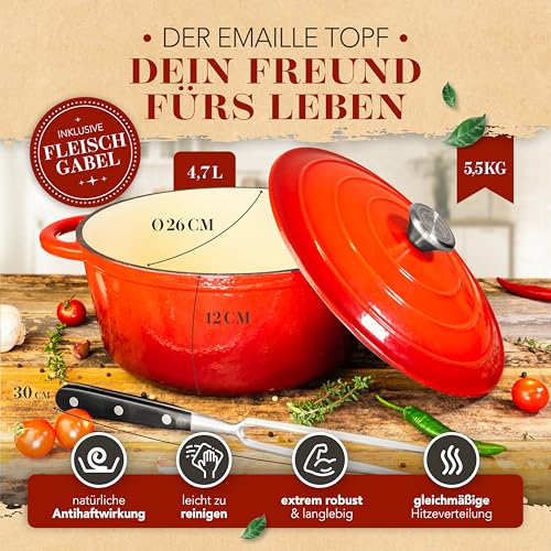 Foto von KRUSTENZAUBER Gusseisen Topf [inkl. Fleischgabel] - 26cm Schmortopf backofengeeignet - Idealer Bräter mit Deckel Backofengeeignet, Kochtopf Induktion, Emaille, Bratentopf Cast Iron