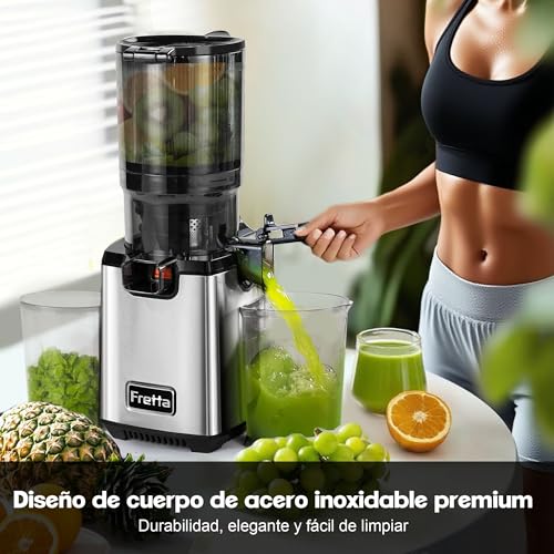 Extractores de zumo de masticación lenta Fretta, Chute de masticación de alimentación grande de 135 mm para frutas y verduras enteras, Jugadora automática de fácil limpieza, libre de BPA, 250W - imagen 4