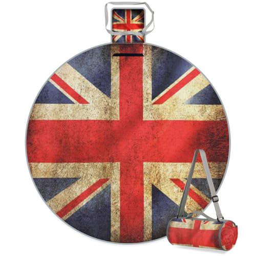 Shimoshe Vintage British Flag Picnic Outdoor Blanket Foldable Waterproof Sandproof Beach Blanket Portable Water-Resistant Round Picnic Mat for Travel Camping Park Lawn
