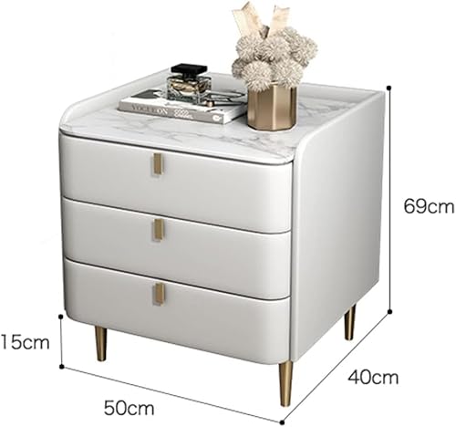 Mid Century Modern Nightstand Faux Leather Bedside Table with Marble Top 3 Drawer Wood Cabinet Stylish Black & White Bedroom Furniture 19.7" x 15.7" x 27.2" - Image 3