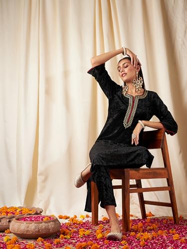 Image of Women's Velvet Floral Embroidered Straight Kurta | Round Neck Three-Quarter Sleeve Calf Length Kurti with Thread Work