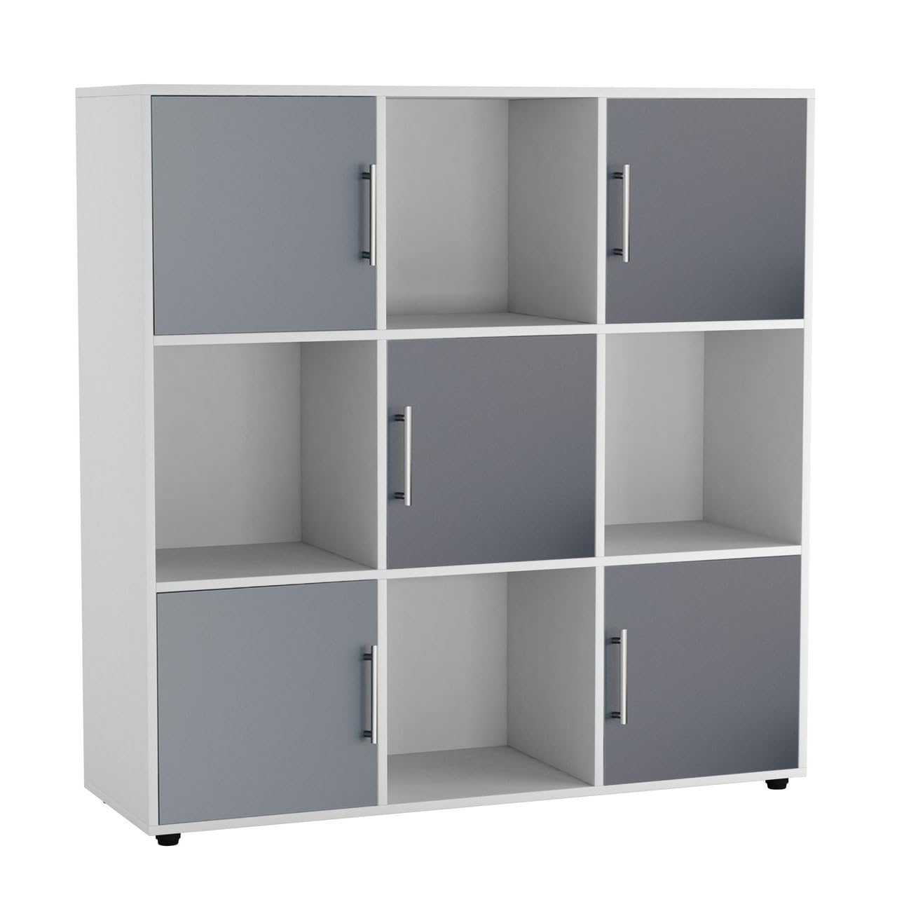 URBNLIVING White Cube Bookcase With Wooden Door Metal Handle Display Shelf Storage Shelving Cupboard (Grey Door, 3x3 Cube (9 Cube))