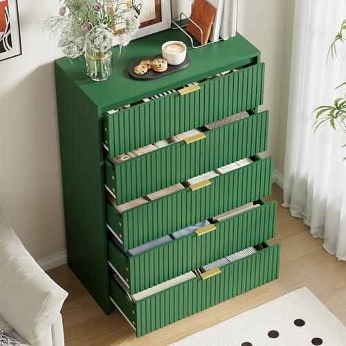 Image of Furniway Green Dresser for Bedroom, Modern Dresser with 5 Drawers and Smooth Slides, Wide Chest of Drawers with Golden Handles for Bedroom, Living Room, Closet, 15.7 inch D x 31.5 inch W x 47.2 inch H