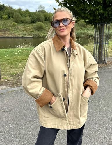 Kissonic Womens Oversized Barn Jacket Button Down Corduroy Lapel Collar Canvas Jacket Outwear3