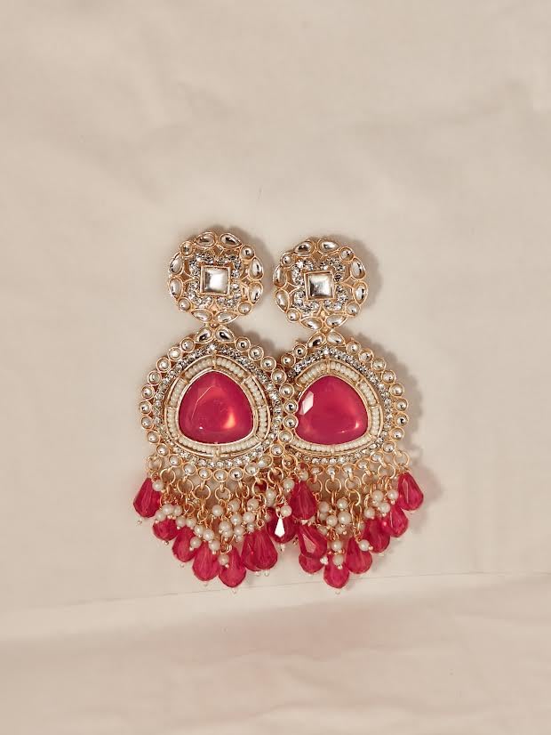 Image of Royal Kundan Pearl Chandbali Earrings Traditional Indian Jewellery with Wine multi Stones and Pearl Beads for womens